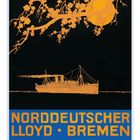 „NACH INDIEN CHINA JAPAN“. Ein stilisiertes Schiff unter einem blühenden Zweig mit Sonne. „NORDDEUTSCHER LLOYD BREMEN“.