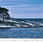 Monatskalender für Dezember. Eine schneebedeckte Küstenlandschaft mit einem Baum, Felsen, Meer und bewölktem Himmel.