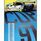 "Porsche CUP '91". Oben ein Rennwagen in Bewegung, unten Monatskalender mit Tagesangaben. 