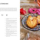 "Blätterteig-Öhrchen, für 5 Portionen, Zubereitungszeit: ca. 15 Min, Backzeit: ca. 25 Min. Links Rezept, rechts Blätterteigkekse."