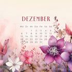 „DEZEMBER“, darunter ein Kalender. Illustration mit rosa und lila Blumen auf beigem Hintergrund.