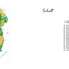 Inhalt: Eine Liste von Themen mit Seitenzahlen. Links eine farbige Karte von Irland mit geographischen Markierungen.