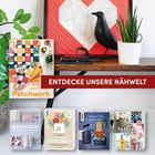 "ENTDECKE UNSERE NÄHWELT" auf rotem Banner. Verschiedene Nähbuch-Cover mit bunten Mustern und Nähprojekten darunter.