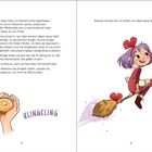 Text: "Klingeling". Illustration: Ein Mädchen mit lila Haaren fliegt lachend auf einem Besen mit Fellspitze und roter Schleife.