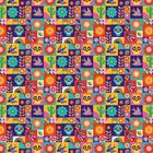 Bunte, sich wiederholende Muster aus Totenköpfen, Blumen, Kakteen und Vögeln in lebhaften Farben.