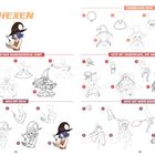 Logo "HEXEN", verschiedene Hexen in Illustrationen, jede mit schrittweiser Anleitung zum Zeichnen.