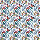 Bunte Vögel und skandinavische Ornamente, Blätter und Beerenmuster wiederholen sich symmetrisch.