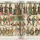 Mittelalterliche Illustration von Kurfürsten und Wappen. Oben: "Die sieben churfuersten", "Des heiligem roemischreiches".