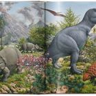 Illustration eines prähistorischen Szenarios mit Dinosauriern, Vulkanen und dichter Vegetation.