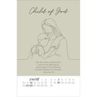 Text: "Child of God" und "Die ihn aber aufnahmen und an ihn glaubten, denen gab er das Recht, Kinder Gottes zu werden. Johannes 1,12." Darunter ein schlichter Kalender für Dezember. Eine minimalistische Illustration von Jesus, der ein Kind umarmt.