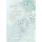 Text: "gloria in excelsis deo... Lukas 2,14." Hintergrund: Weiß-graue Zweige mit kleinen Blüten vor unscharfem Hintergrund.