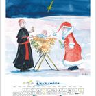Text: "Dezember". Ein Priester, ein Kind in der Krippe und ein Weihnachtsmann stehen im Schnee, ein Stern leuchtet.