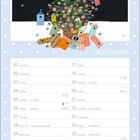 Kalenderblatt für Dezember, 01–31, mit Feiertagen: Nikolaus, Weihnachten, Silvester. Illustration: Tannenbaum mit Geschenken.