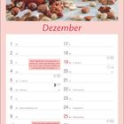 "Dezember. Nützliche Tipps: Kekse nicht zu lange backen, Plätzchen dunkel lagern. Advent, Weihnachten, Silvester markiert." 

Oben festliche Kekse, Nüsse, Obst.