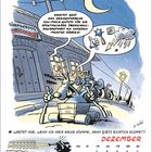 Kalenderblatt für Dezember mit Zeichnung: Igel und Motorrad vorm Dorfgasthof, Mond und Geräuscheffekte im Hintergrund.