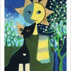 „Dezember“ steht unten. Gemälde: Sonne-mond Gesicht und schwarze Katze in Landschaft mit Bäumen und Blumen.