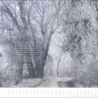 Das Gedicht "Winterlust" von Robert Reinick ist umgeben von einem frostigen Winterwald mit schneebedeckten Bäumen.