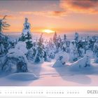 Kalenderseite mit "DEZEMBER" am unteren Rand. Schneebedeckte Bäume und ein Sonnenuntergang im Hintergrund.
