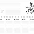 Kalenderseite mit Juli 2027, Wochenübersicht ab dem 12. Juli. Illustration: Katze auf einem chaotischen Stuhl.