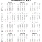 Jahresübersicht 2028 zeigt Monate mit Wochentagen, Zahlen in Rot sind Sonntage. Bewegliche Feiertage werden unten genannt.