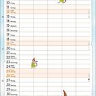 Ein Kalender für Dezember, zeigt Wochentage und wichtige Tage. Illustration: Katze und Figuren im Schnee.