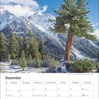Kalender für Dezember mit Feiertagen wie Nikolaus und Weihnachten. Alpenlandschaft mit Schnee, Bäumen und Bergen.