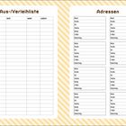 Links: "Aus-/Verleihliste", Spalten: Was, Wem, Wann, Zurück. Rechts: "Adressen", Felder: Name, Straße, Ort, Telefon, Handy, E-Mail, Geburtstag. Gelber Streifenhintergrund.
