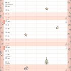 Ein Kalender für Dezember mit Feiertagen. Oben und unten sind Illustrationen von Figuren mit Weihnachtsmützen.