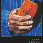 Die drei ??? Diamantenschmuggel, 1995. Kalender für DEZ. Gemälde: Hand hält orange verpacktes Objekt mit Kordel.