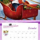 Text: "WANN BEICHTETE VERLEIH." Darunter ein Kalender für Dezember. Illustration: Drei Mädchen in einem weihnachtlichen Schlitten.