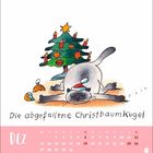 "Die abgefallene Christbaumkugel." Illustration einer Katze, die eine Weihnachtsbaumkugel jagt. Darunter steht "DEZ" mit einem Kalender.