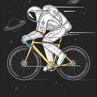 Text: "SPACERIDER". Illustration eines Astronauten auf gelbem Fahrrad im Weltraum mit Planeten und Sternen im Hintergrund.