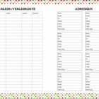 Ausleih-/Verleihliste: Spalten für "Was?", "Wem?", "Wann?", "Zurück?" Adressen: Felder für Kontaktangaben. Punkte-Rand.