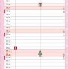 Kalenderdesign mit einem illustrierten Kätzchen unten. Oben sind Dezemberdaten und Feiertage vermerkt. Schnee-Design.