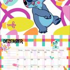 "merry and bright", Dezember-Kalender. Illustration mit blauem Alien und bunten Lichtern. Zwei lachende Weihnachtsbäume unten.