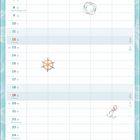 Kalenderseite für Dezember, mit nautischen Illustrationen wie Leuchtturm und Anker, in Blau- und Rottönen gestaltet.