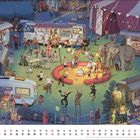 Ein Zirkus mit Zelten und Wagen. Menschen und Tiere, darunter Elefanten, sind zu sehen. Unten ist ein Kalender für Dezember.