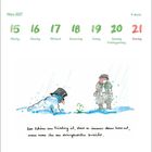 März 2027, 11. Woche. Illustration: Ein Mann gräbt im Schnee, daneben eine Blume und ein Schneemann im Regen.