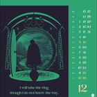 Zitat: "I will take the ring though I do not know the way." Silhouette im runden Torbogen und Kalender des Monats Dezember.