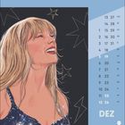 Kalender für Dezember. Illustration einer lächelnden Frau mit blonden Haaren, umgeben von Sternen.