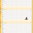 Kalender für Dezember mit "Name" oben. Enthält Adventssonntage und Feiertage. Illustration eines Zauberhuts und einer Halle.