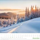 „Dezember“ steht unten rechts. Schneebedeckte Bäume in der Morgensonne, sanfte Hügel im Hintergrund.