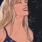 Dezemberkalender. Illustrative Darstellung einer lächelnden Frau mit blonden Haaren, umgeben von Sternen.