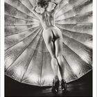 "Dezember" und Zahlen 01-31 unten. Frau von hinten, nackt vor großem, silbrigem Hintergrund, Haare hochgesteckt.