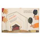 Zwei Hände, die Wort "ABRAKADABRA", Bäume und ein kleines rotes Haus mit ausgebreiteten Armen auf einer Wiese.