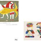 Links: „Untitled (Bestiary)“; Rechts: „Super Janus“. Bunte, abstrakte Formen; tierähnliche, geometrische Figuren.