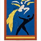 Text: "12, 2024." Illustration eines stilisierten Tänzers mit großer Blume, kräftige Farben: Blau, Gelb, Rot.