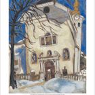 "12 2023" steht unten. Eine winterliche Szene mit Kirche, schneebedeckten Wegen, einem kahlen Baum und zwei Menschen.