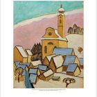 12. Monat. Kalender mit verschneitem Dorf, Kirche, Hügeln, pastellfarbenem Himmel. Malerische, winterliche Darstellung.