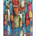 Kalenderseite für Dezember 2027. Illustration zeigt stilisierte, bunte Figuren mit Musikinstrumenten am Wasser.